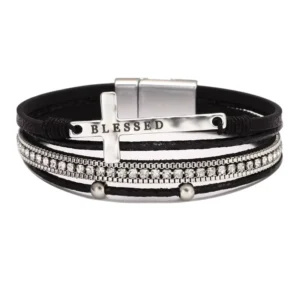 RENSINO Luxury Bohemian Leather Christian Cross Silver Plated Crystal Rhinestone Handmade Fashion Charm Bracelets