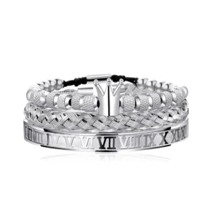 RENSINO Luxury Bracelet Crown Bead 3PCS Men’s Stainless Steel Open Adjustable Bracelets
