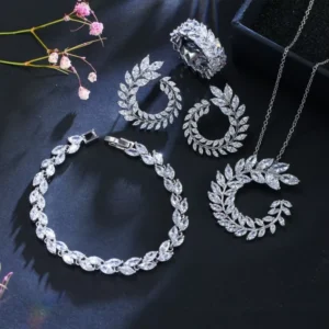RENSINO Luxury Bridal Jewelry Set Brass Sparkle Necklace Earrings Rings Wedding Jewelry Set for Women