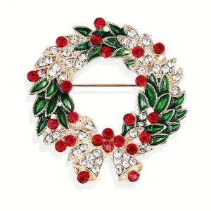 RENSINO Luxury Christmas Bell Brooch With Rhinestones And Green Enamel Leaves Zinc Alloy Fashionable Shiny Pin Suitable For Party