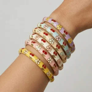 RENSINO Luxury Colourful Oil Drip Cherry Cloisonne Open Trendy Bangle Women Fashionable Festival Gifts Zinc Alloy Enamel Flower Bracelet