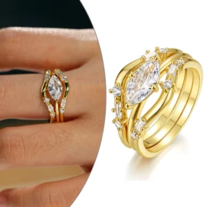 RENSINO Luxury Combination Ring T Set Moissanite S925 Sterling Silver Plated 18K Gold Oval Streamline Wedding Ring