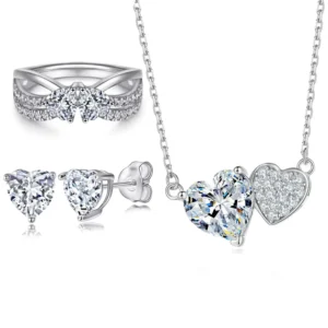 RENSINO Luxury Designer Heart Ring Earrings Double Stone Pendant High Quality Zirconia S925 Sterling Silver Jewelry Sets for Women