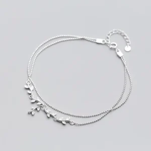 RENSINO Luxury Double Chain 925 Sterling Silver Cubic Zirconia Leaves Charm Anklets Jewelry