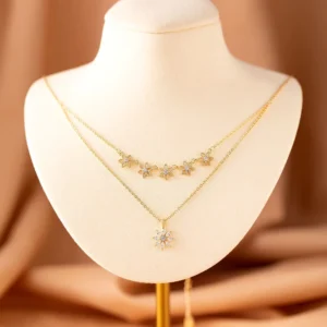 RENSINO Luxury Double Layered Flower Blooming Gold and Silver Plated Layered Necklace Elegant Zircon Pendant Fashionable Necklace