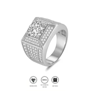 RENSINO Luxury European and American Men’s Ring 925 Sterling Silver with 3 carat VVS Full Moissanite GRA Certified Factory