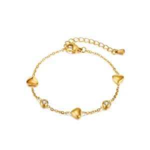RENSINO Luxury Fashion 18K Gold Plated Stainless Steel Original Design Heart Crystal Round Beaded Charm Bracelet Jewelry