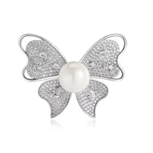 RENSINO Luxury Fashion Fine Jewelry Silver Custom Animal Zircon Pearls Butterfly Pins Brooches for Women