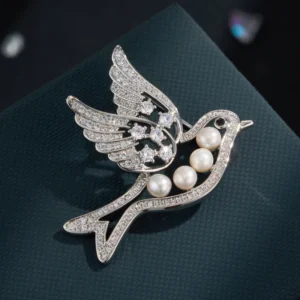 RENSINO Luxury Fashion Jewelry Silver Plated Brass Alloy Freshwater Pearl Cubic Zirconia Flying Bird Brooch