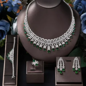 RENSINO Luxury Fashion Silver Plated Fully Diamonds Necklace and Earrings Ring Bracelet Zircon Party Jewelry Set for Women