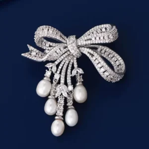 RENSINO Luxury Fireworks Bowknot Pearl Brooch with Zircon Genuine Pearl Corsage Tassels for Women Business Suit Wedding Accessory