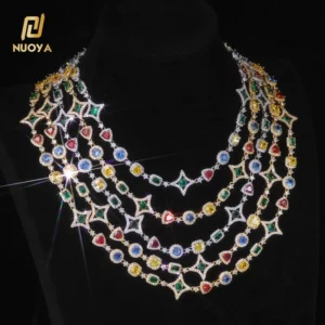 RENSINO Luxury Geometric Link Chain Necklace Colorful Zircon Stones Colored Gemstone Motif Silver Plated Hip Hop Jewelry