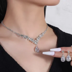 RENSINO Luxury Glass Rhinestone Bridal Necklace Jewelry Set Fashion Jewelry Sets Silver Plated Necklace for Wedding