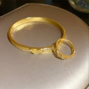 RENSINO Luxury Gold Plated Jewelry Set Bangle Bracelet Ring with Rhinestone Inlay Exquisite Design Elegant Party Accessories for Women