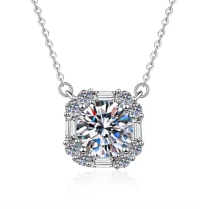 RENSINO Luxury Jewelry 925 Sterling Silver 1&2&3&5CT D Color VVS1 Moissanite Round Cut Baguette Accent Pendant Necklace for Women