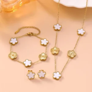 RENSINO Luxury Jewelry Set 18K Gold Plated Stainless Steel 3pcs Earrings Bracelet Necklace Five Clover Mother Of Pearl Gift