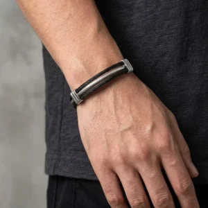 RENSINO Luxury Men’s Stainless Steel Cable Bracelet 3D Braided Two tone Bangle Elastic Wire Woven Industrial Punk Jewelry