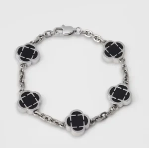 RENSINO Luxury Men’s Stainless Steel Jewelry Black Onyx Clovers Stone Silver Bracelet Fashion Gift