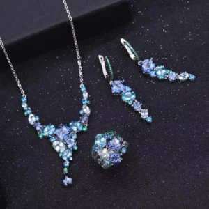RENSINO Luxury Necklace Ring Earring Set Natural Mystic Quartz Blue Topaz 925 Sterling Silver Bridal Jewelry Sets