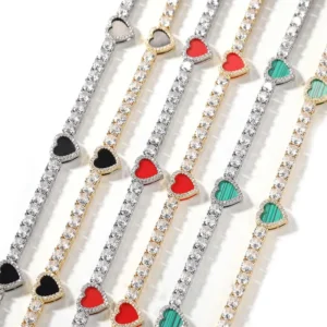 RENSINO Luxury New Style Link Chain Necklace Bracelet Trendy Iced Diamond Tennis Style Zircon Rhodium Love Heart Charm