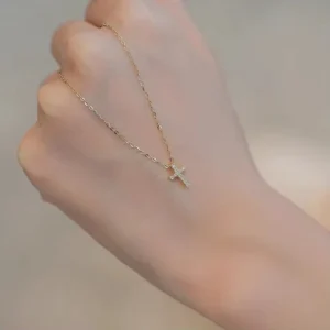 RENSINO Luxury Religion Jewelry 14k Gold Plated Cubic Zircon 925 Sterling Silver Cross Pendant Necklace for Women
