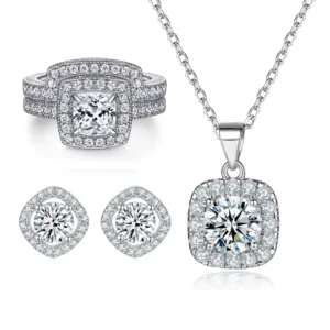 RENSINO Luxury Ring Set Earrings Necklace Pure 925 Sterling Silver White Gold Plated CZ Wedding Engagement Jewelry Sets