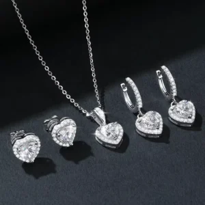 RENSINO Luxury S925 Sterling Silver Heart Cut VVS D Color 1carat Moissanite Earrings Necklace for Women Engagement and Wedding Jewelry