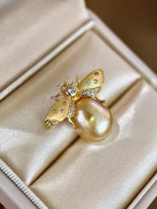 RENSINO Luxury S925 Sterling Silver Little Bee Shape Pearl Brooch Baroque Natural Seawater Golden South Sea Pearl Brooch or Necklace