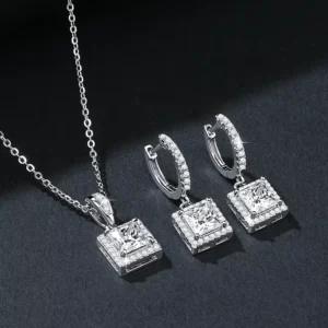 RENSINO Luxury S925 Sterling Silver Princess Cut VVS D Color 1ct Moissanite Square Pendant Earrings Necklace for Women Jewelry Set