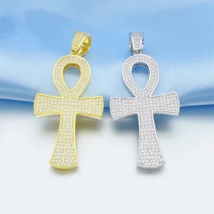 RENSINO Luxury S925 Sterling Silver Rhodium Plated Ankh Cross Bezel Setting Tennis Chain Pendant Gold Plated Gift