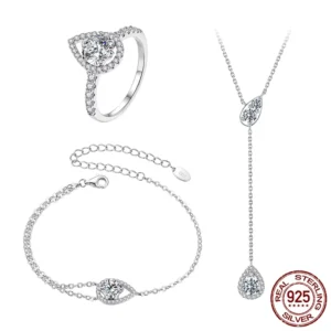 RENSINO Luxury S925 Sterling Silver Wedding Jewelry Set Featuring 1ct Water droplet Moissanite ring Necklace and Bracelet