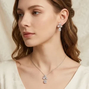 RENSINO Luxury Silver Plated CZ Floral Teardrop Necklace Earrings Set For Women Bridal Wedding Party Jewelry Set