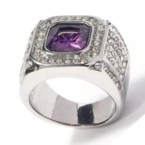 RENSINO Luxury Silver Plated Men’s Stainless Steel Crystal Gemstone Rings Gift Fully Paved Zircon Popular Couple Wedding Engagement Ring