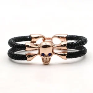 RENSINO Luxury Stainless Steel PVD Plated Skull Bracelet Charms Mens Stingray Leather Bracelet Stingray Skin Bracelet Sting HD Bracelet