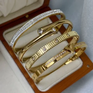 RENSINO Luxury Stainless Steel Zircon Bangles Bracelets Set Tarnish Free 18K Gold Plated Fashion Classic CZ Bangle Women Jewelry