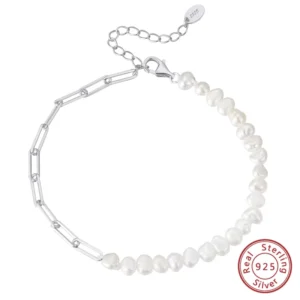 RENSINO Luxury Sterling Silver 925 Paper Clip Chain Baroque Fresh Water Pearl Bracelet for Women Mom Girls