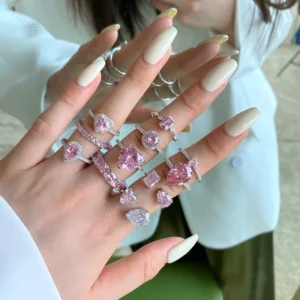 RENSINO Luxury Wedding Zirconia Gemstone Jewelry Plated Rhodium Pink Diamond Heart Shaped Engagement 925 Sterling Silver Rings