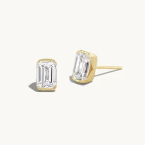 RENSINO Luxury Woman 925 Sterling Silver Emerald-Cut Diamond Stud Earrings 18k Gold Plated Emerald-Cut Solitaire Studs For Woman