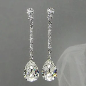 RENSINO Luxury Women Jewelry Earrings Imitated Diamond Silver Plating Pear Design Elegant Wedding Women Long Hanging Earrings OEM