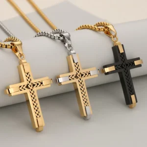 RENSINO MECYLIFE Personalized Cross Necklace Stainless Steel Catholic Religious Necklace Men’s Christian Cross Pendant