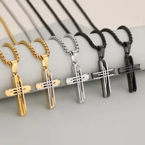 RENSINO MECYLIFE Punk Rock Jewelry Stainless Steel Cross Necklace Men’s Hiphop Cross Pendant Christian Religious Necklace