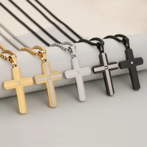 RENSINO MECYLIFE Zircon Inlay Stainless Steel Religious Necklace Men’s Christian Jewelry Gear Cross Necklace Pendant