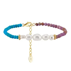 RENSINO MPB04 Purple Mica Beads with Freshwater Pearl with Turquoise Bead Natural Gemstone Jewelry 925 Silver Bracelet