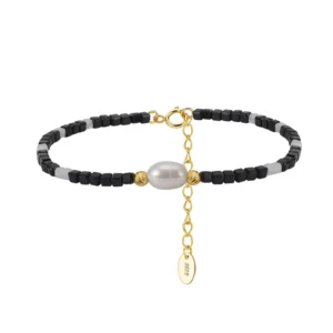 RENSINO MPB21 Adjustable 14K Gold Plated Dainty Freshwater Pearl Black Beaded Bracelet Minimalist Fashion Daily Jewelry