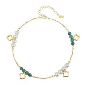 RENSINO MPB24 925 Silver Gold Plated Clover Pendant Freshwater Pearl Natural Blue Apatite Beaded Adjustable Bracelet Jewelry