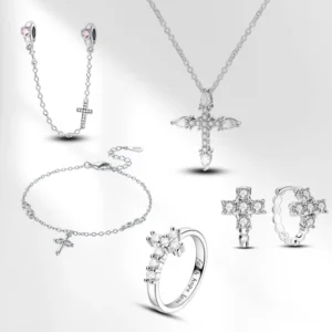 RENSINO MULA Jewelry Set Classical Silver 925 Cross Charms Beads Rings Earrings Necklace Bracelet for Religious Ceremonies in Silver