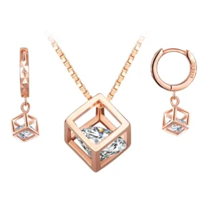 RENSINO Magic Cube Hoop Earrings Necklaces S925 Silver Jewellery Sets Rose Gold