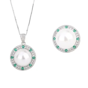 RENSINO Manufacturer Eco friendly Brass Cubic Zirconia 14MM White Shell Pearl Tow Tone Bridal Jewelry Set for Wedding