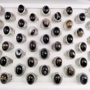 RENSINO Men Tiger’s Eye Stone Ring Natural Agate Gemstone Gold Plating Alloy for Party Anniversary Night Market Stalls Gift