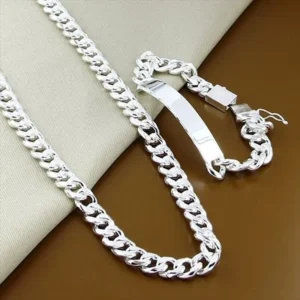 RENSINO Men’s 10mm Square Clasp Necklace Bracelet Set Plated 925 Silver Color Hip Hop Cuban Chain Jewelry Fashion Accessories